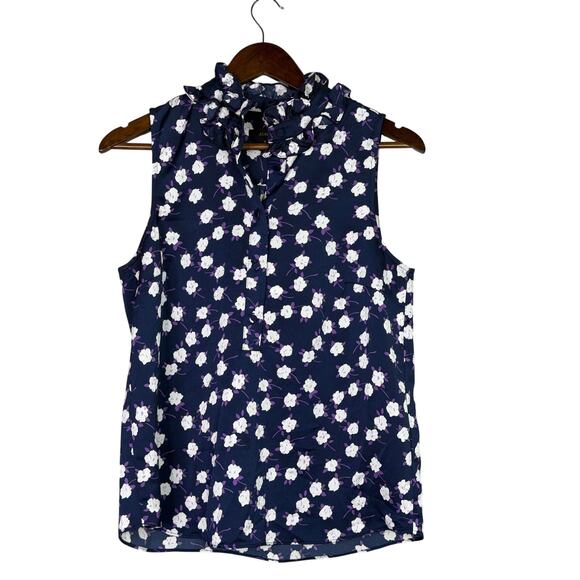 J. Crew Liberty Ruffle Neck Scattered Peony Print Sleeveless VNeck S Blue Purple - Picture 13 of 15